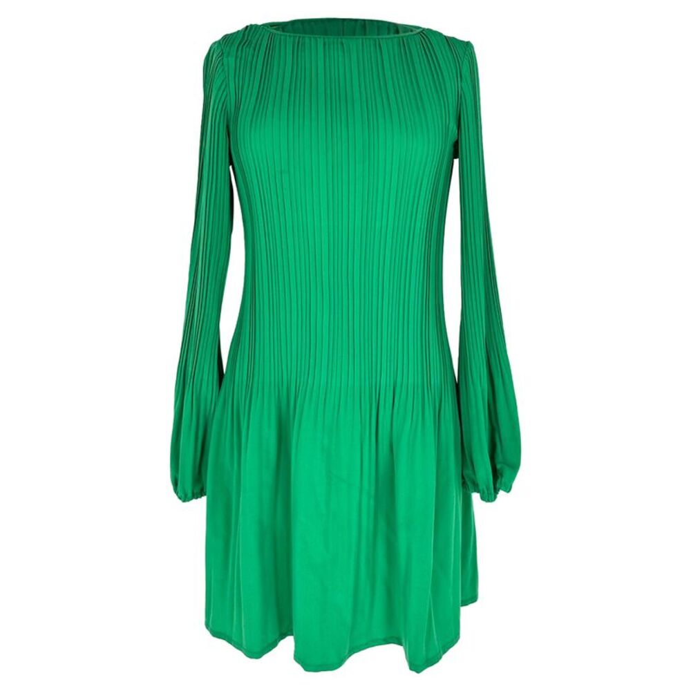 Maje Pleated Long Sleeve Mini Dress in Green Polyester